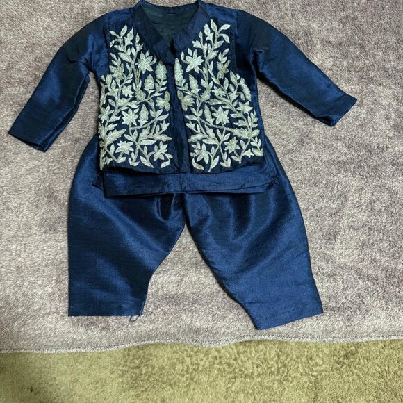 Blue kurta with Handmade Embroidered jacket and Pyjama